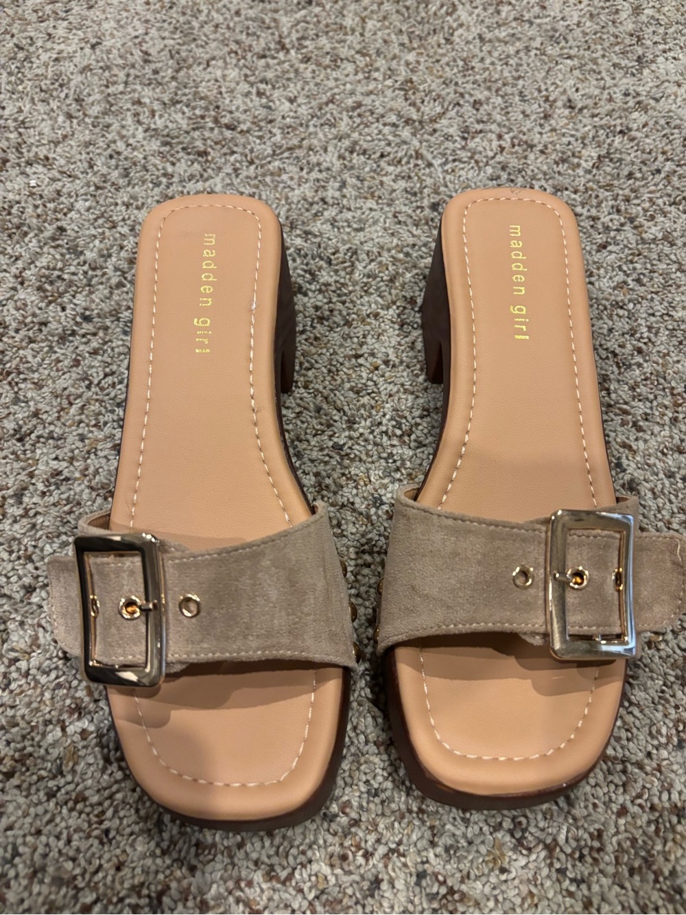 Madden Girl Tan Suede Buckle Block Heel Slide